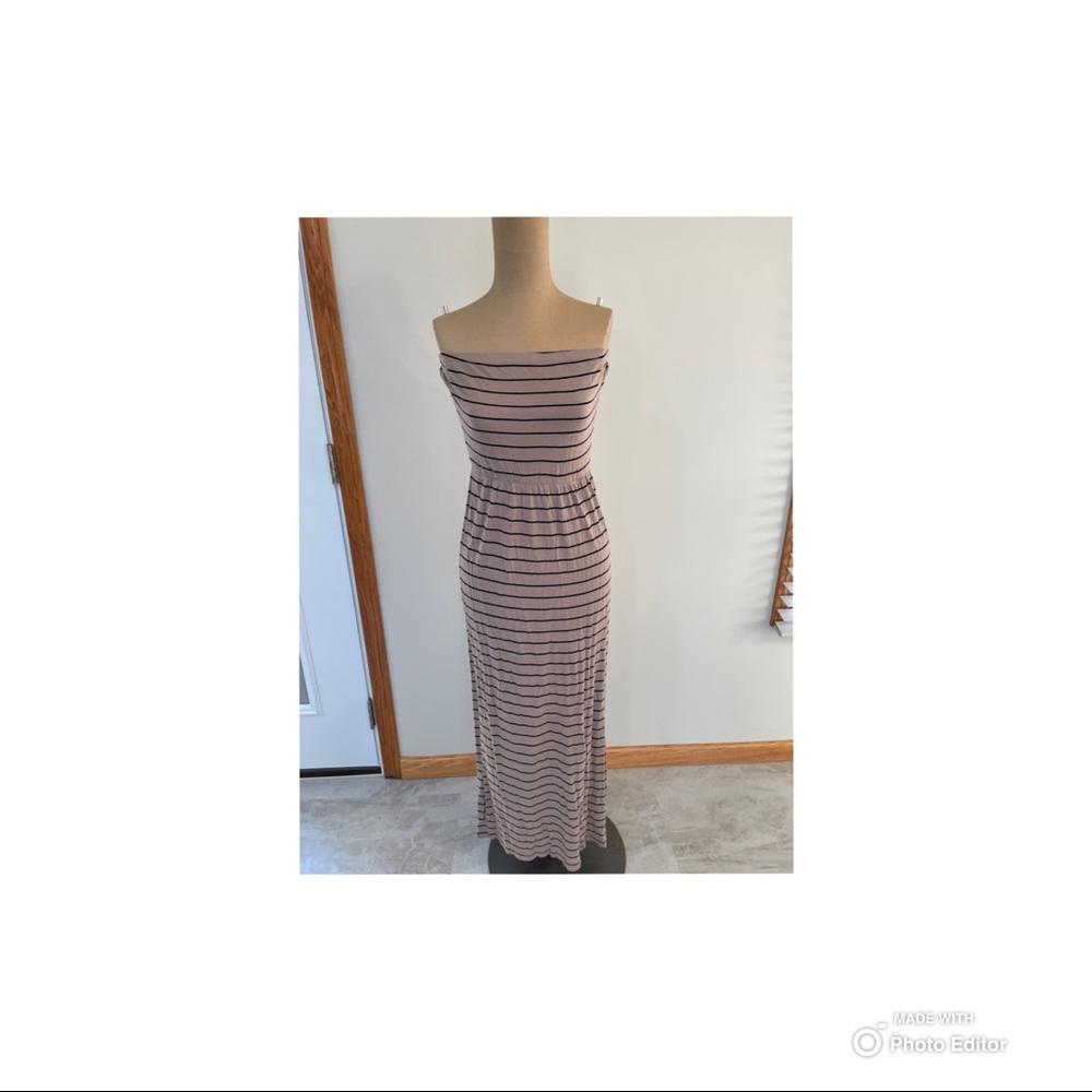 Tan & Black Striped Strapless Maxi Dress